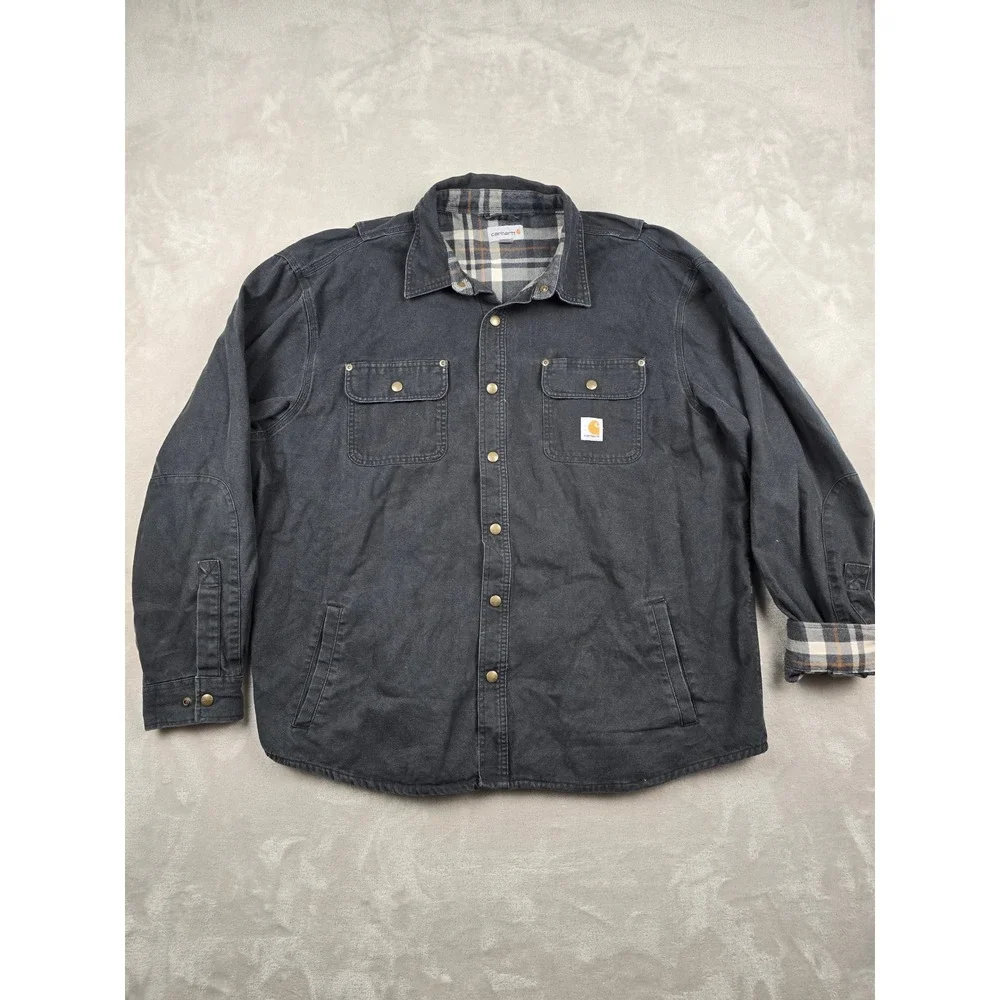 Carhartt Weathered Canvas Shirt Jacket Men 2XL Black Plaid Lined Snap Front Work